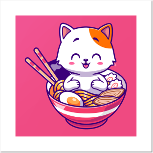 Cute Cat In Ramen Bowl Cartoon Posters and Art